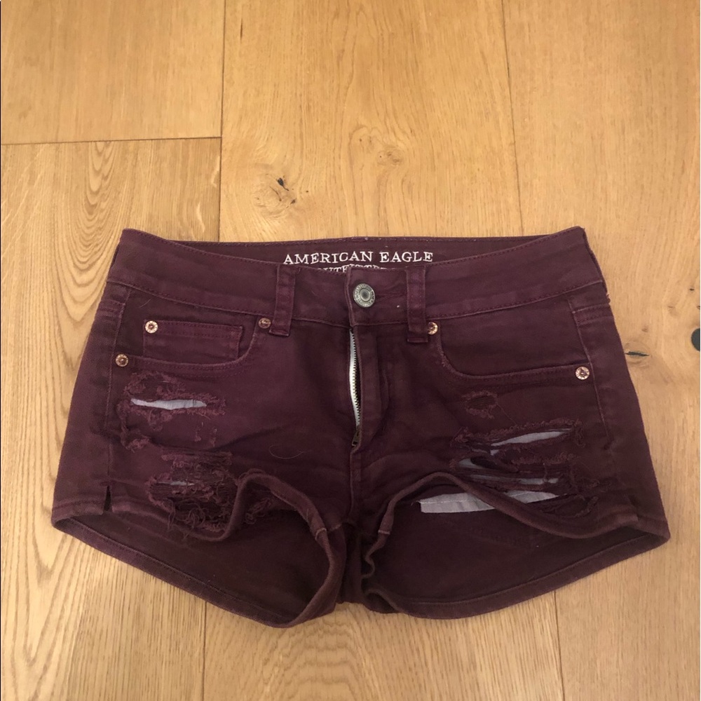 American Eagle distressed burgundy shorts